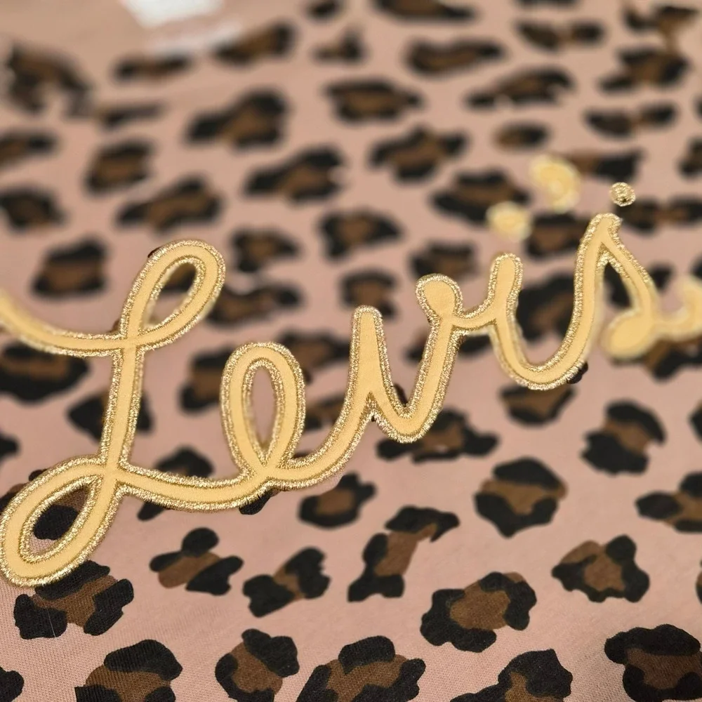 Levi's Girls Leopard Print Long Sleeve Graphic Tee Gold Logo Brown M 10-12
